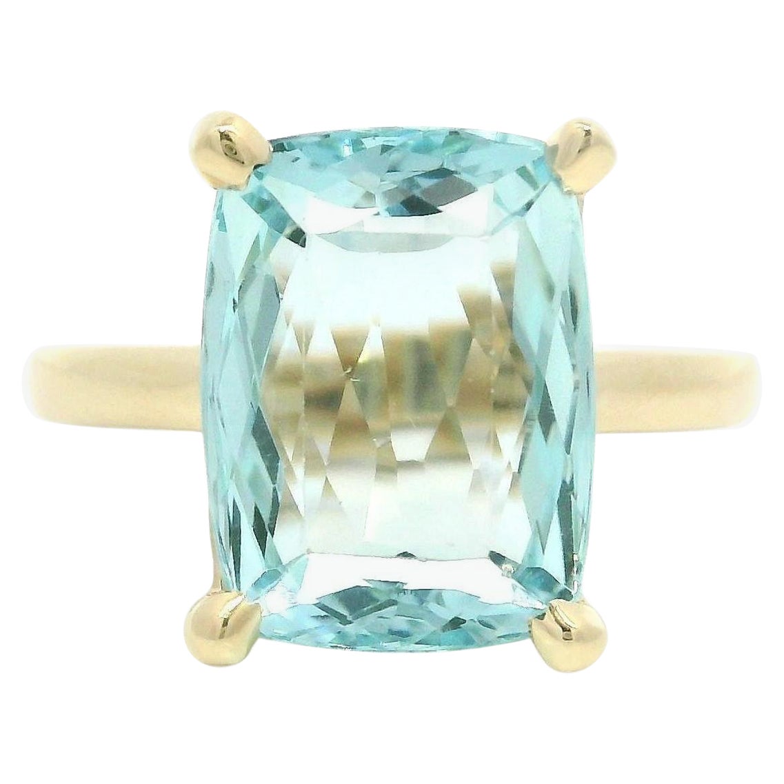 NUOVO Anello solitario in oro giallo 14k con acquamarina blu a cuscino da 6,12 carati