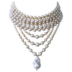Marina J. Draped Pearl Choker with Faceted Gold Plated Beads & Clasp