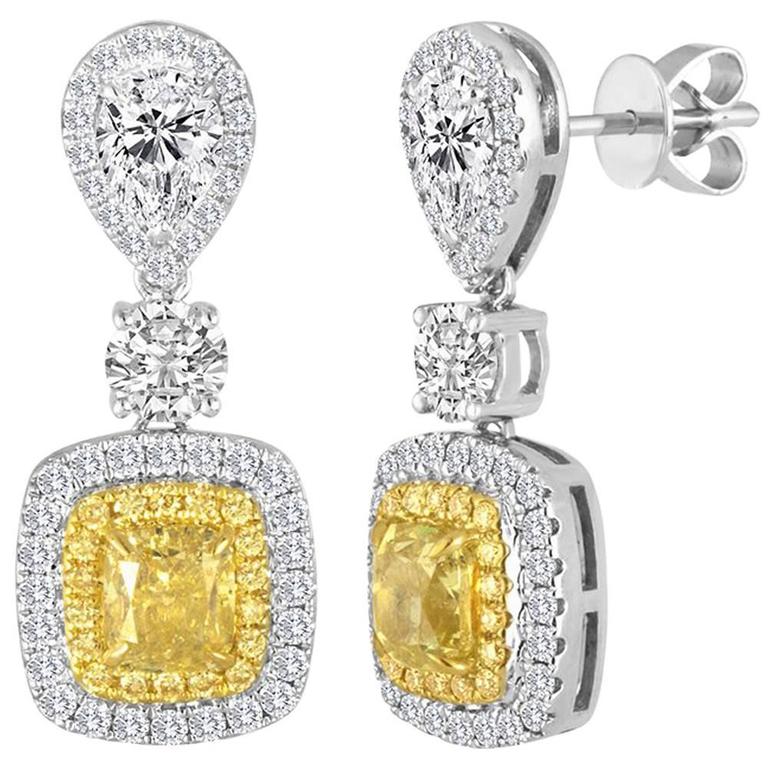 Natural Fancy Yellow Diamond Double Halo Two Color Drop Gold Earring For Sale at 1stdibs