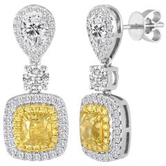 Natural Fancy Yellow Diamond Double Halo Two Color Drop Gold Earring 2
