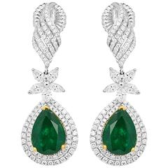 Emerald Diamond Double Halo Two Color Gold Dangle Earring