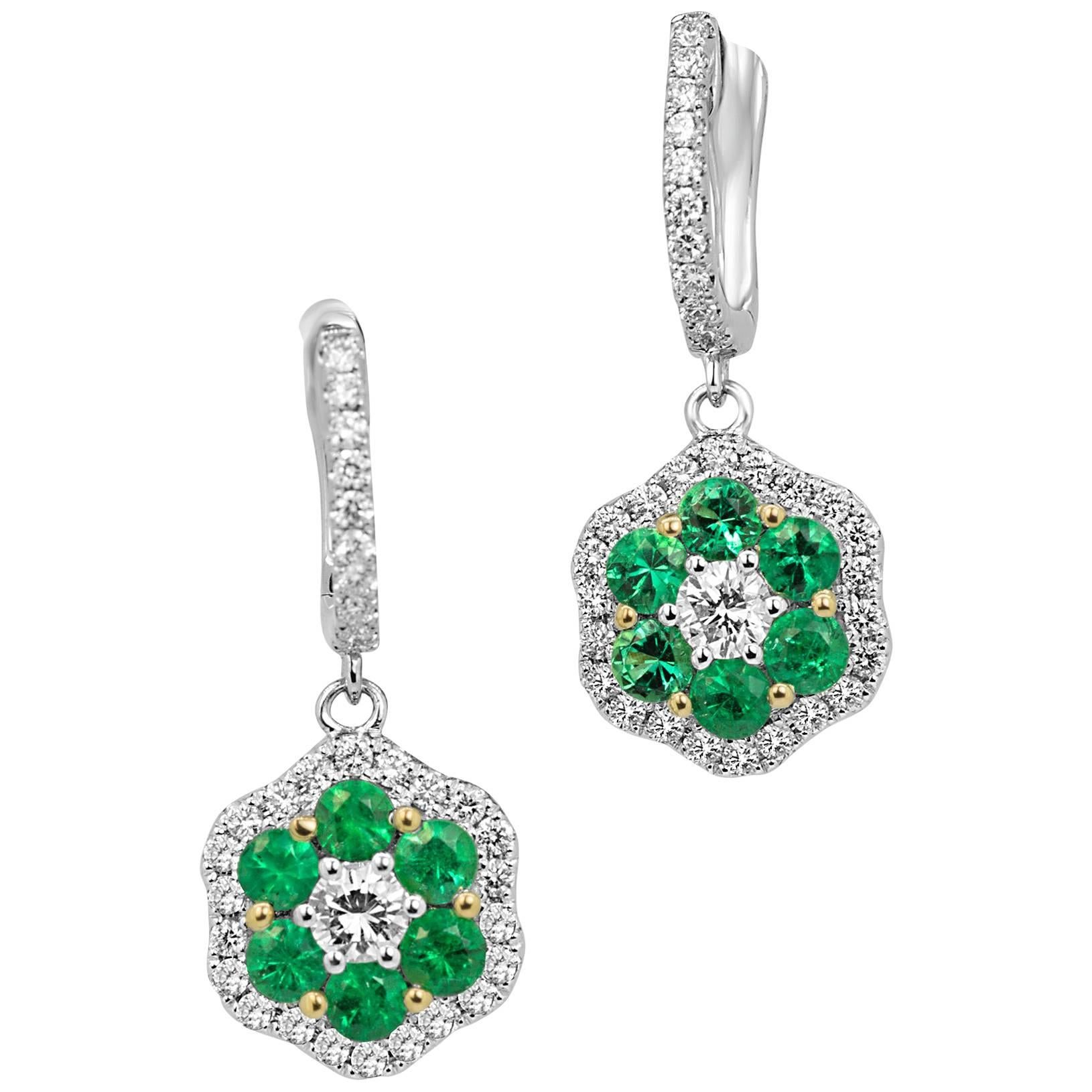 Emerald Round Diamond Halo Two Color Gold Cluster Dangle Drop Lever Back Earring