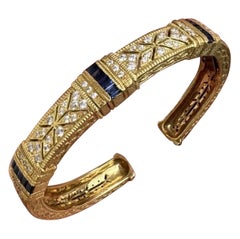 Estate Diamond & Sapphire 18K Gold  Cuff Bangle Bracelet 49.3 Gr NR