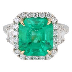 GIA 18k 750 White Gold Natural Colombian Emerald and Natural Diamond Ring