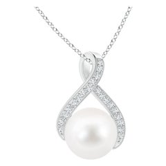 Angara Freshwater Pearl Swirl Ribbon Pendant with Diamonds in 14K White Gold