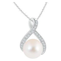 Angara Freshwater Pearl Swirl Ribbon Pendant with Diamonds in 14K White Gold