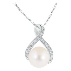 Angara Freshwater Pearl Swirl Ribbon Pendant with Diamonds in 14K White Gold