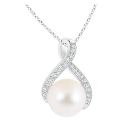 Angara Freshwater Pearl Swirl Ribbon Pendant with Diamonds in 14K White Gold