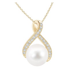 Angara Freshwater Pearl Swirl Ribbon Pendant with Diamonds in 14K Yellow Gold