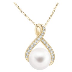 Angara Freshwater Pearl Swirl Ribbon Pendant with Diamonds in 14K Yellow Gold