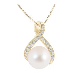 Angara Freshwater Pearl Swirl Ribbon Pendant with Diamonds in 14K Yellow Gold