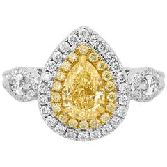 Certified Natural Fancy Yellow Diamond Double Halo Two Color Gold Ring 4