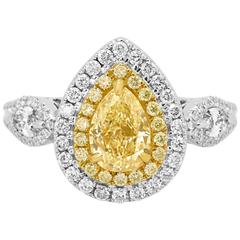 Certified Natural Fancy Yellow Diamond Double Halo Two Color Gold Ring