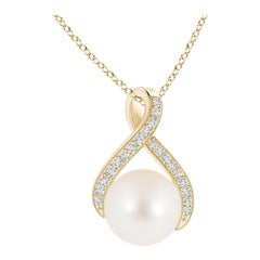Angara Freshwater Pearl Swirl Ribbon Pendant with Diamonds in 14K Yellow Gold