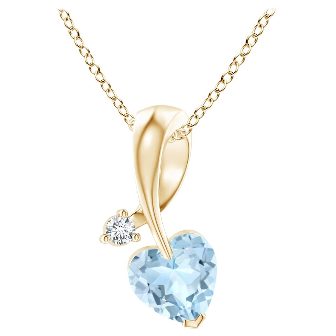 Ciondolo Angara con acquamarina naturale a forma di cuore e diamante in oro giallo 14 carati