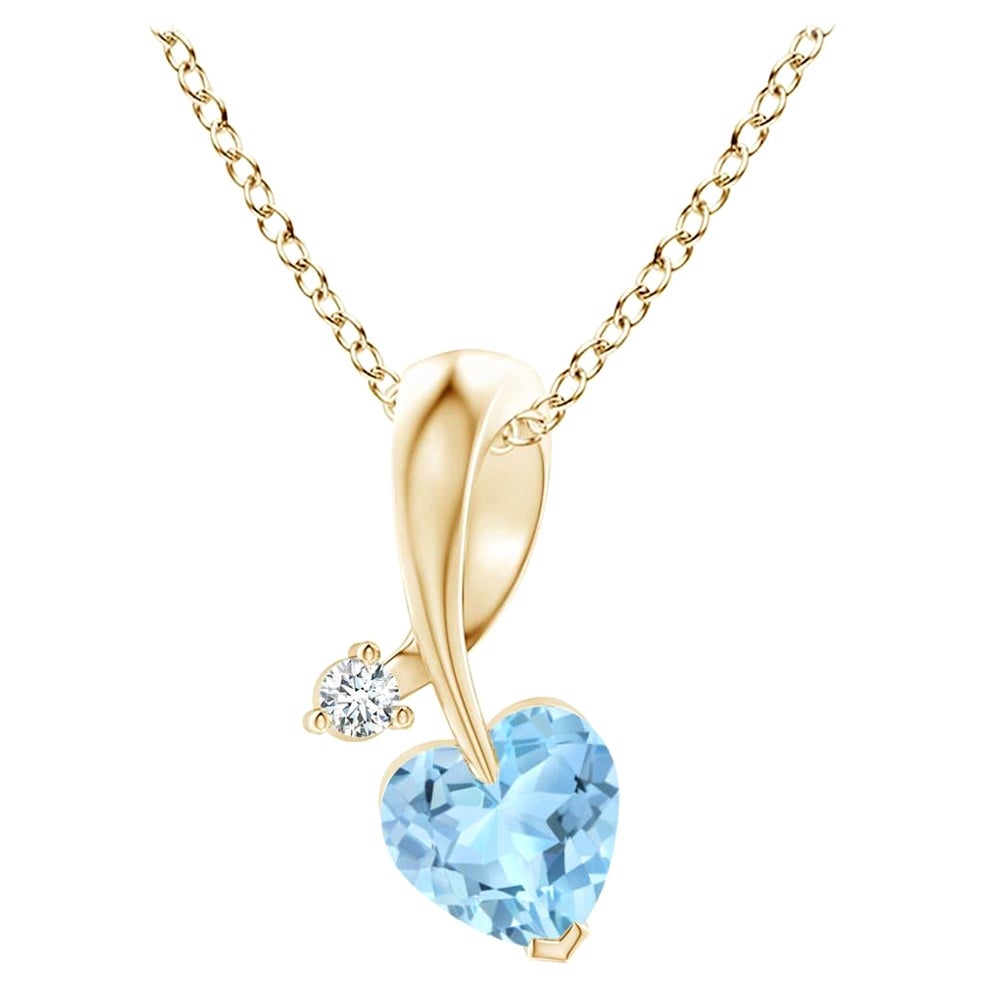 Ciondolo Angara con acquamarina naturale a forma di cuore e diamante in oro giallo 14 carati