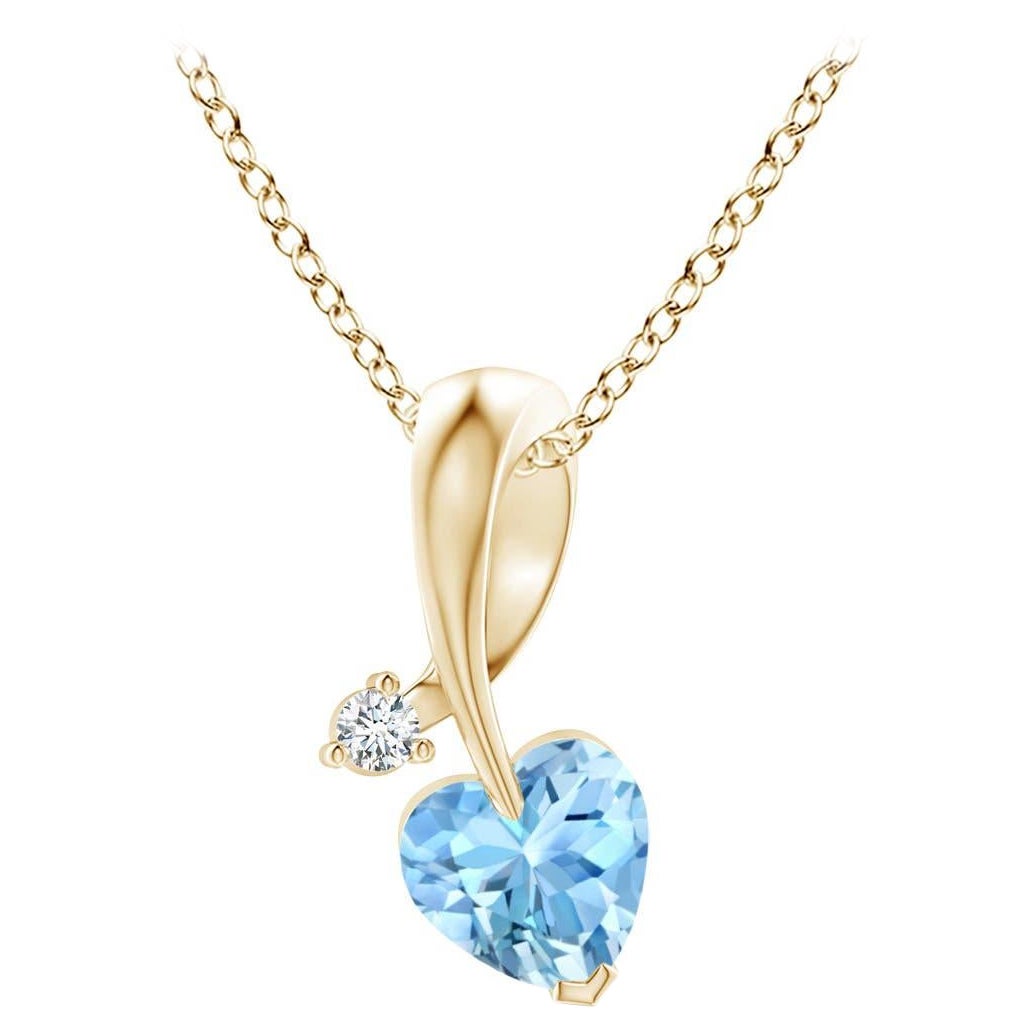 Ciondolo Angara con acquamarina naturale a forma di cuore e diamante in oro giallo 14 carati in vendita