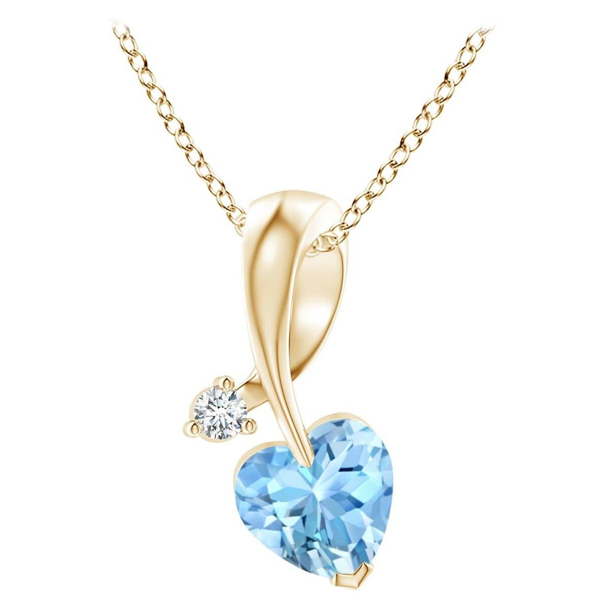 Ciondolo Angara con acquamarina naturale a forma di cuore e diamante in oro giallo 14 carati