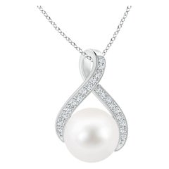Angara Freshwater Pearl Swirl Ribbon Pendant with Diamonds in 14K White Gold