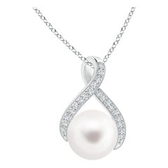 Angara Freshwater Pearl Swirl Ribbon Pendant with Diamonds in 14K White Gold