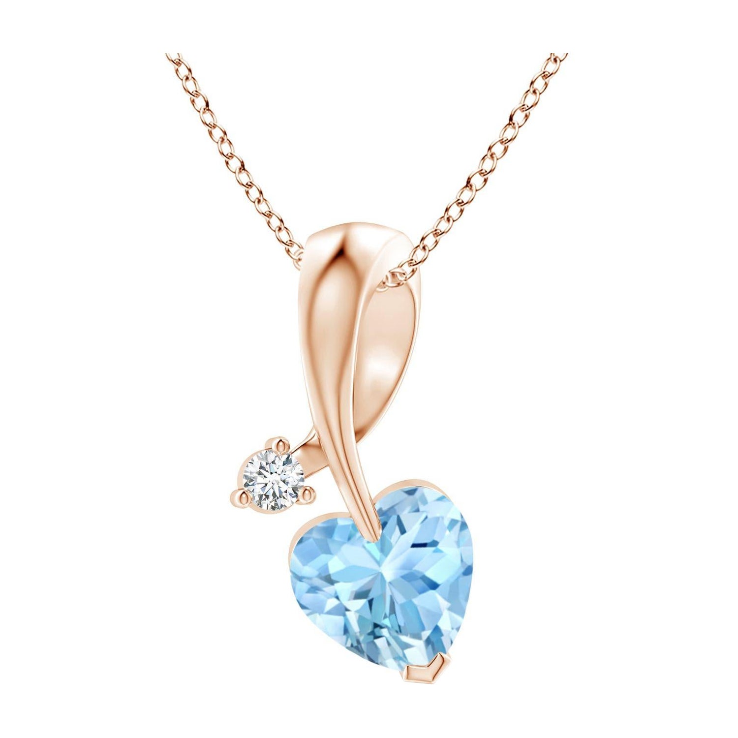 Ciondolo Angara con acquamarina naturale a forma di cuore e diamante in oro rosa 14 carati