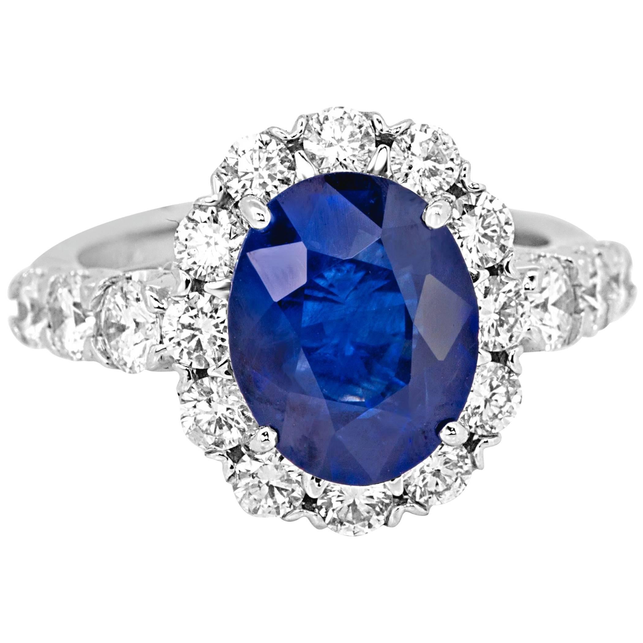 GIA Certified Blue Sapphire Oval Diamond Single Halo Gold Bridal Cocktail Ring