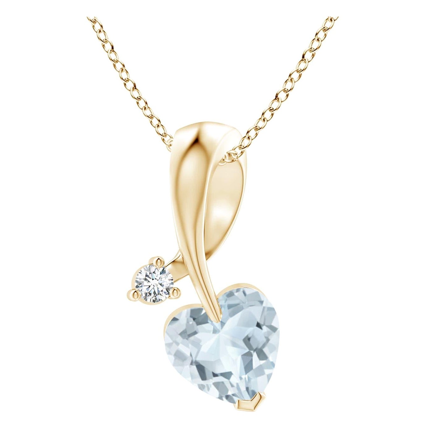 Ciondolo Angara con acquamarina naturale a forma di cuore e diamante in oro giallo 14 carati