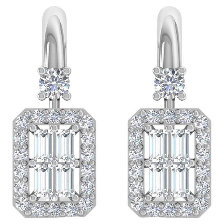 Pendientes de diamantes baguette de 0,55 quilates en oro blanco macizo de 10k Joyería hecha a mano en venta