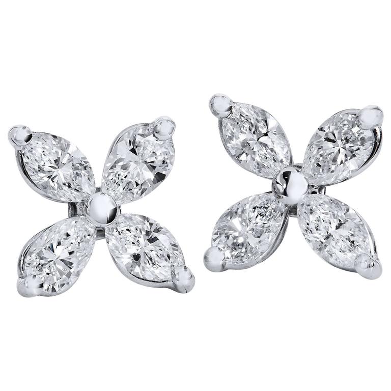 H And 0 70 Carat Marquise Cut Diamond Flower Stud Earrings For H 0 70 Carat Marquise Cut Diamond Flower Stud Earrings For
