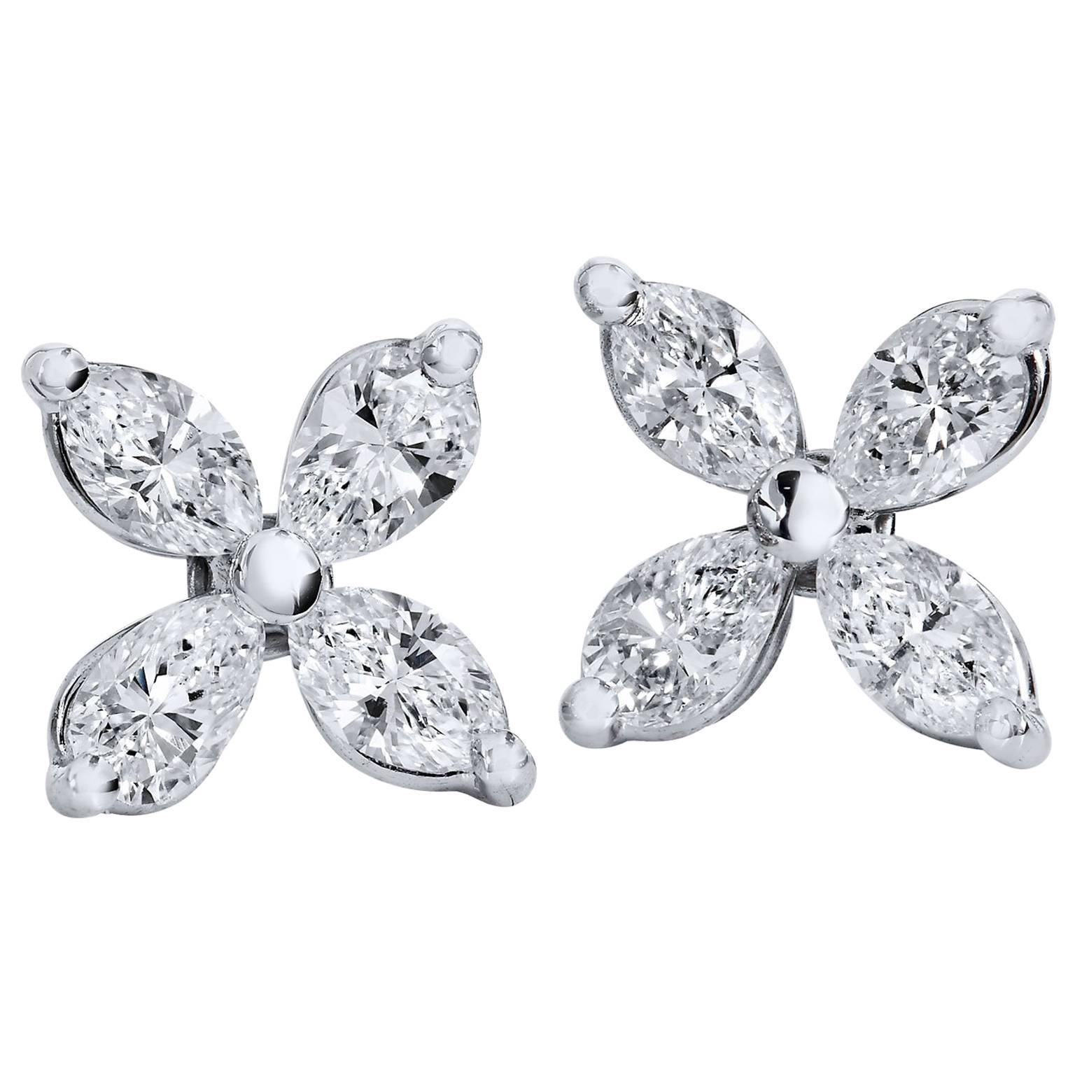 H & H 0.70 Carat Marquise Cut Diamond Flower Stud Earrings