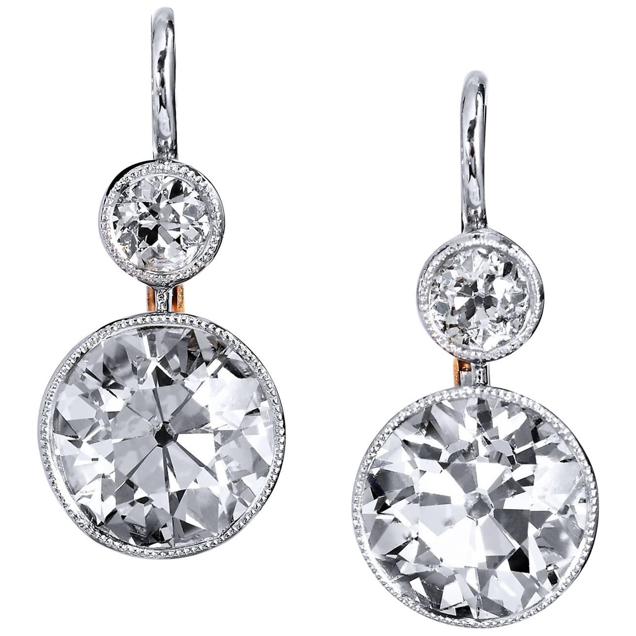H & H 6.72 Carat Diamond Platinum Rose Gold Lever-Back Earrings