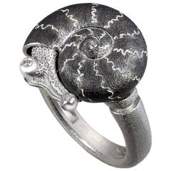 Alex Soldier Diamond Sterling Silver Rhodium Textured Snail Ring Handmade in NYC