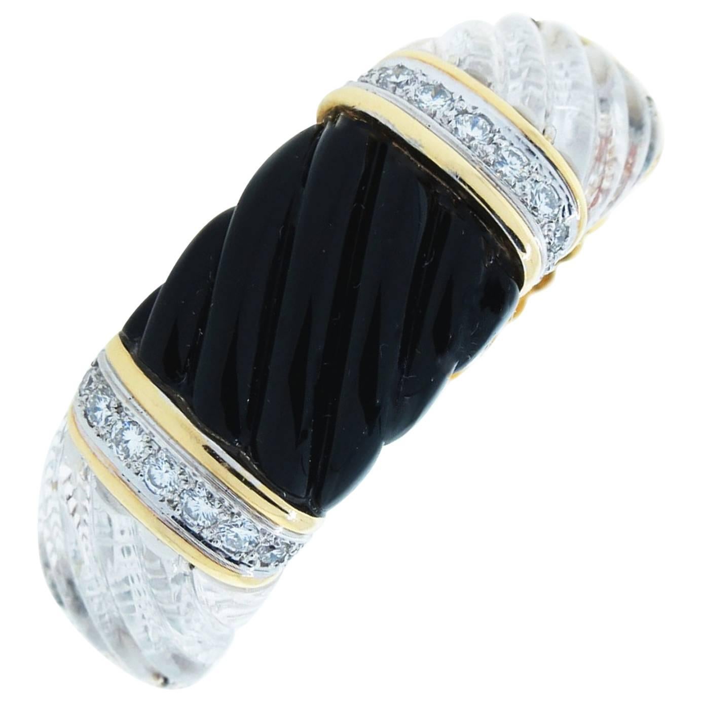 Carved Fluted Onyx Rock Crystal and Diamond Cuff Bracelet For Sale