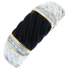 Vintage Carved Fluted Onyx Rock Crystal and Diamond Cuff Bracelet