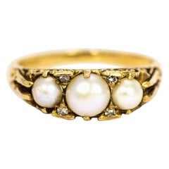 Vintage 9 Karat Gold Perle und Diamant Drei-Stein-Ring