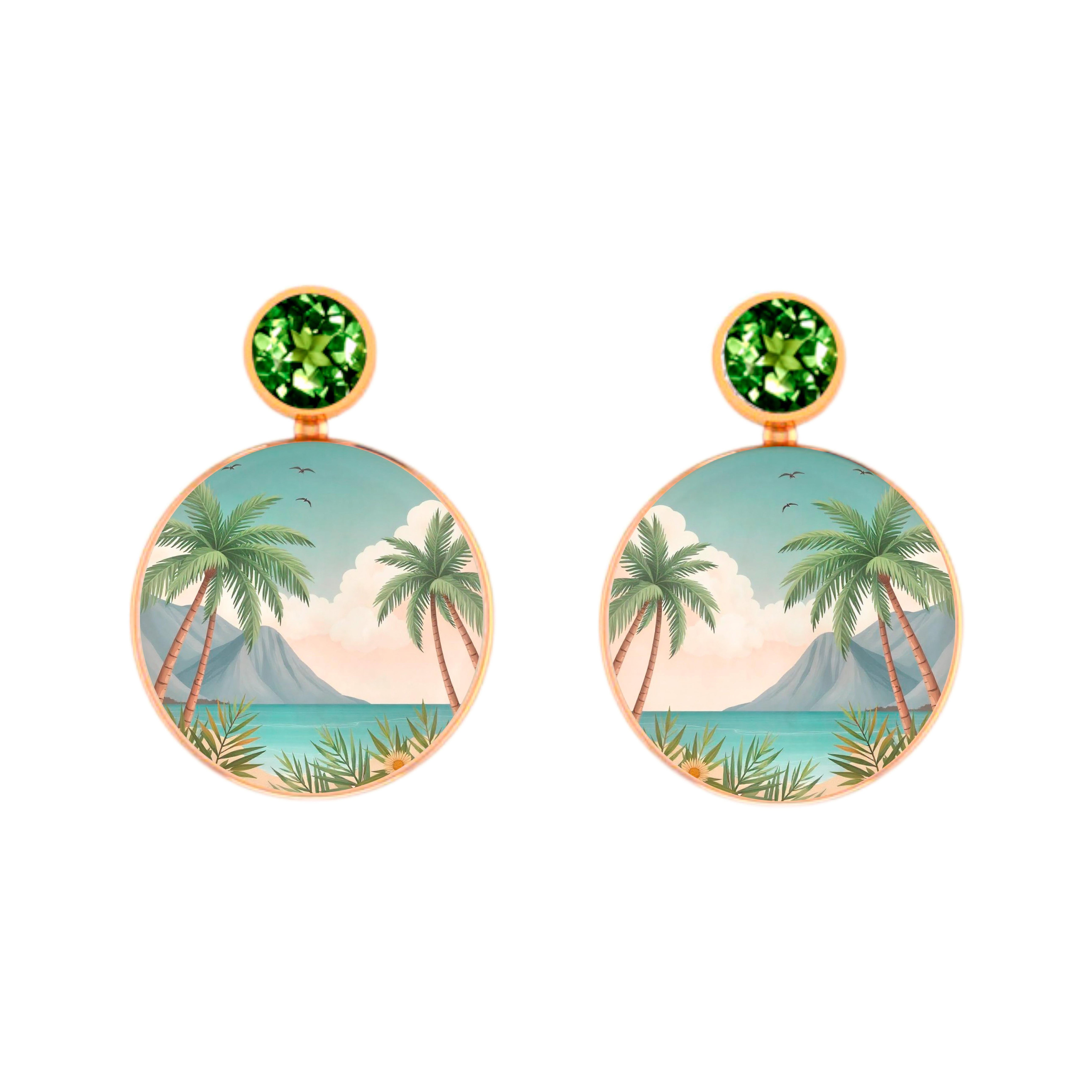 Peridot, tropischer Strand mit Palmen Malerei, Perlmutt Ohrstecker. im Angebot
