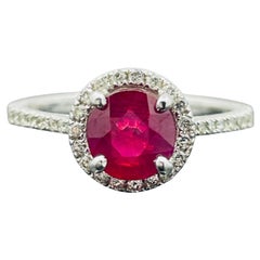 Ruby Diamond Halo Ring 14k White Gold GIA Burma 1.23ct