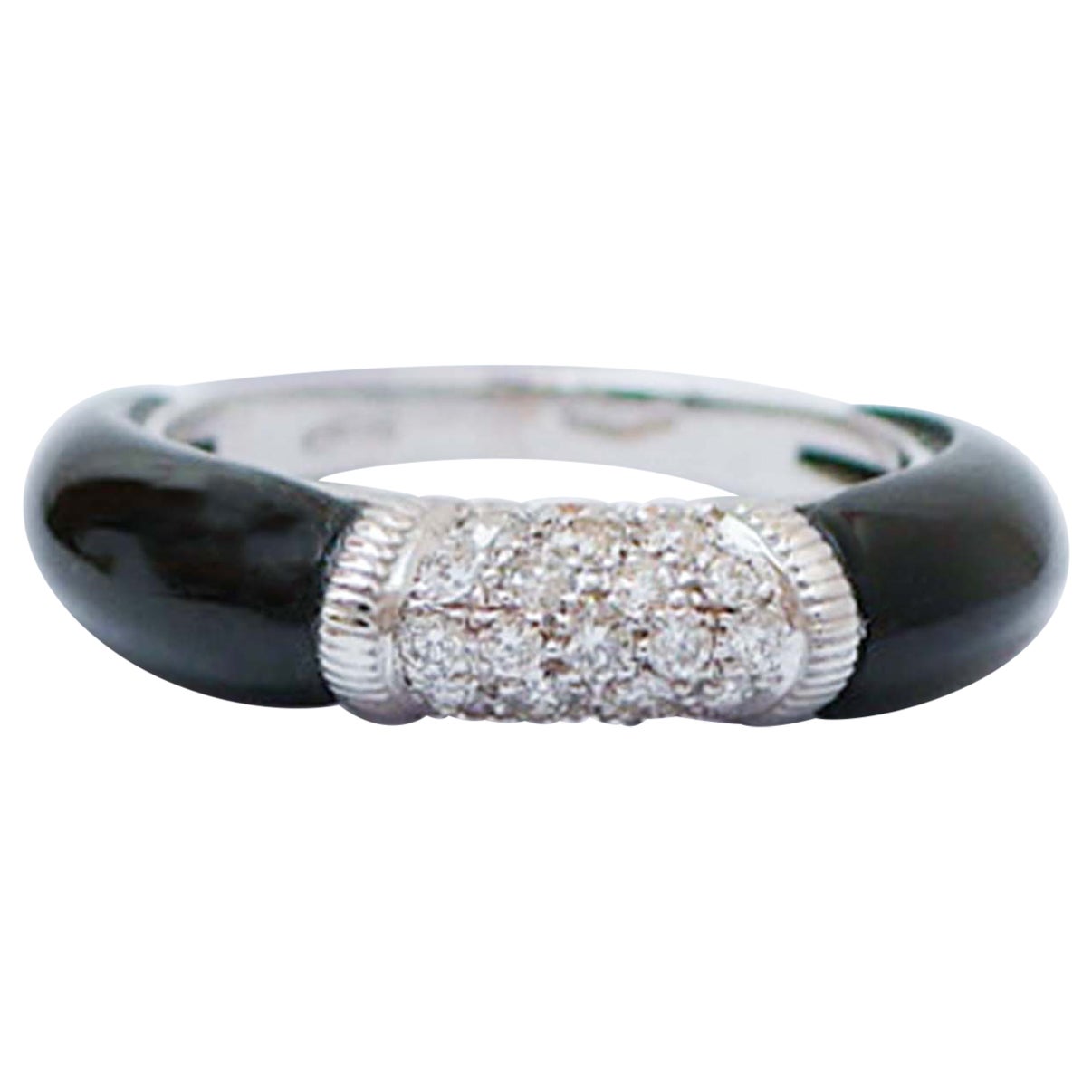 Onyx, Diamanten, 18 Karat Weißgold Ring. im Angebot