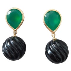Green Onyx Faceted Pear Shape Carved Black Onyx Beads 14k Solid Yellow Gold