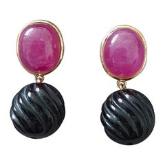 Ruby Oval Cabochon Black Onyx Carved Round Beads 14 Karat Solid Yellow Gold