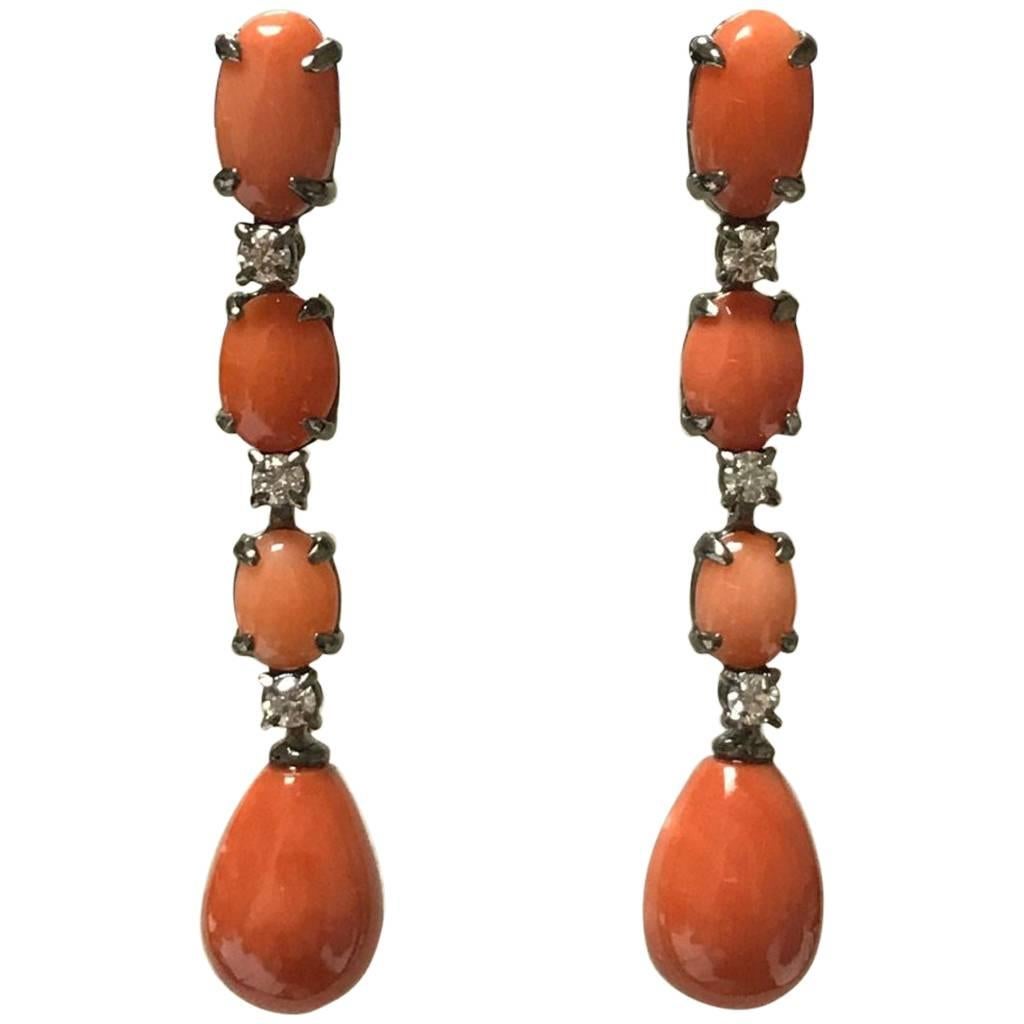 Black Gold Coral and Diamonds Chandelier Earrings