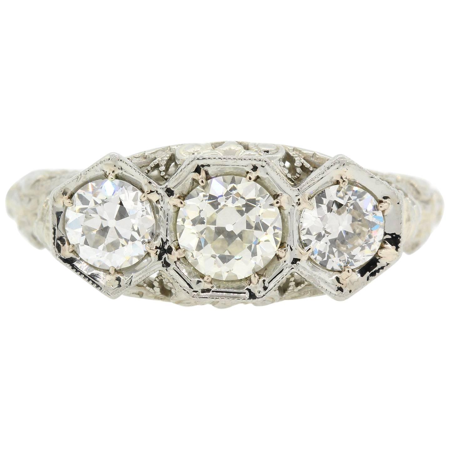 Art Deco Three-Stone Diamond Platinum Ring