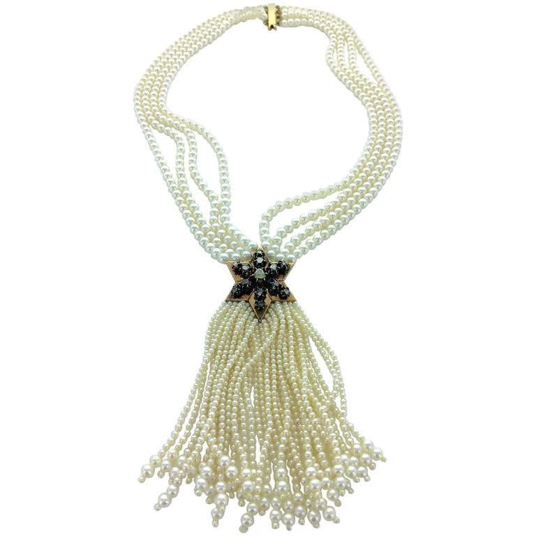 Antique Star of David Rose Cut Diamond Fancy Yellow Gold Pearl Necklace