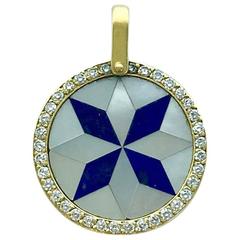 1970s Mother-of-Pearl Lapis Lazuli Diamond Yellow Gold Rosette Pendant 5