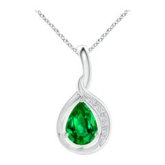Angara Natural Pear-Shaped Emerald and Diamond Loop Pendant in Sterling Silver