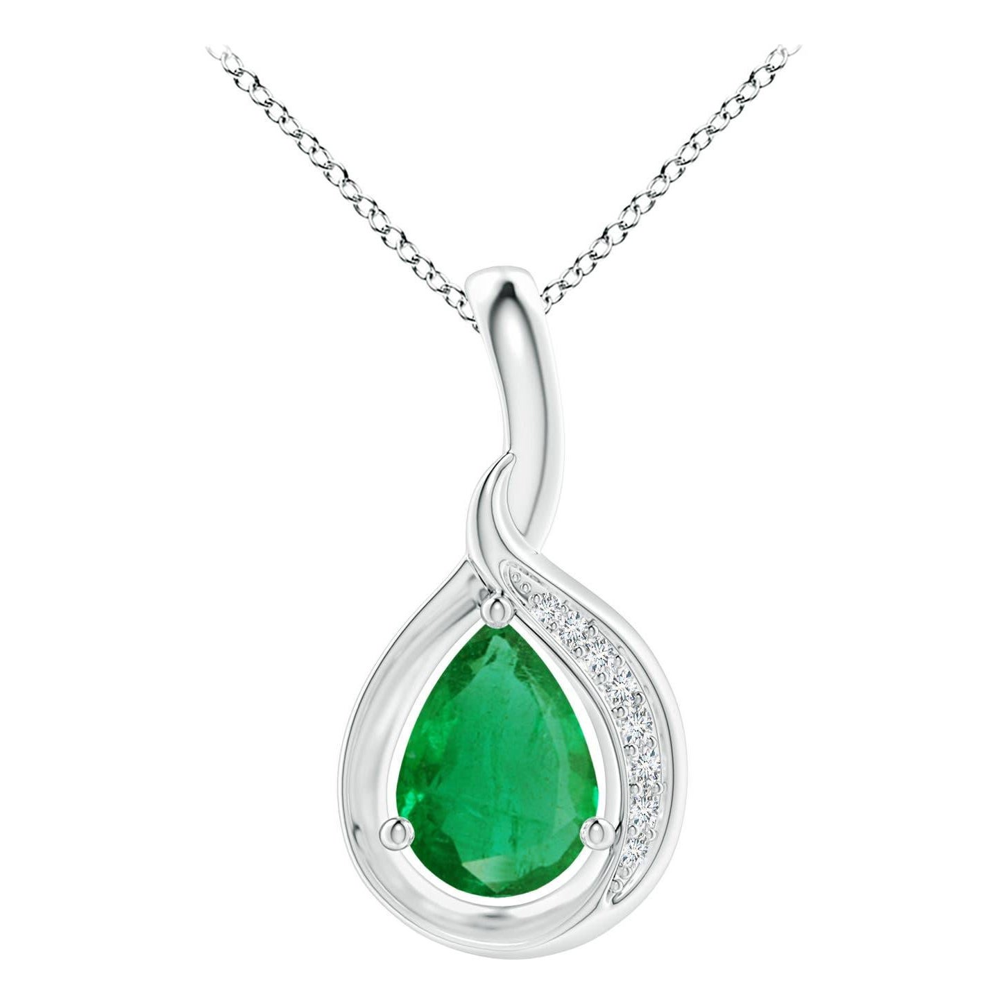 Angara Natural Pear-Shaped Emerald and Diamond Loop Pendant in 14K White Gold