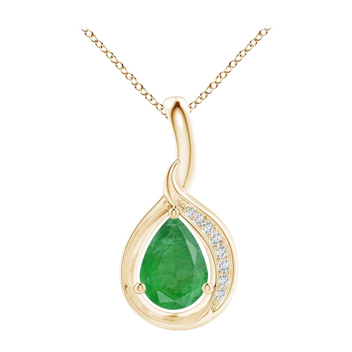Ciondolo con smeraldo naturale a forma di pera e diamante Angara Looping in oro giallo 14K in vendita