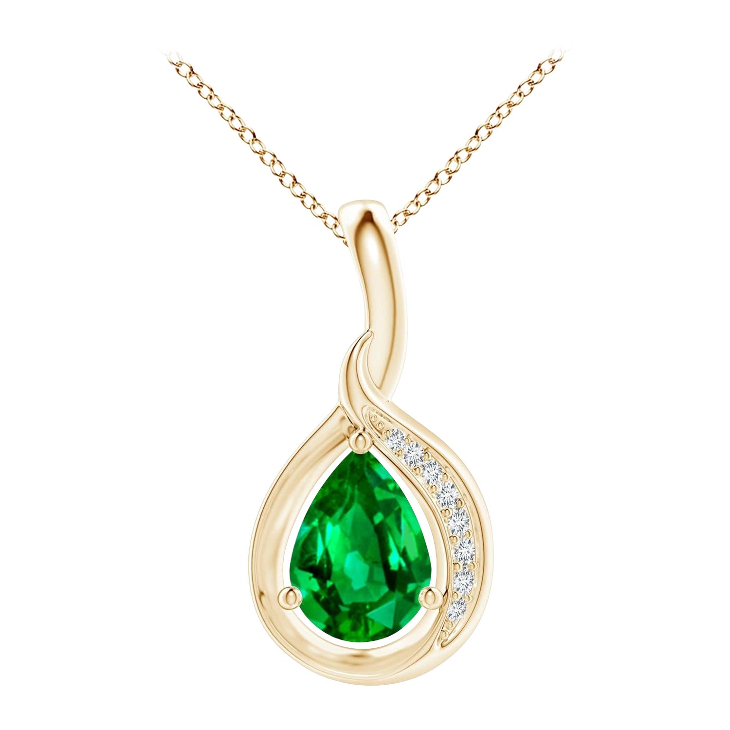 Ciondolo con smeraldo naturale a forma di pera e diamante Angara Looping in oro giallo 14K