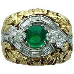 1970s Cabochon Emerald Diamond Gold Platinum Ring
