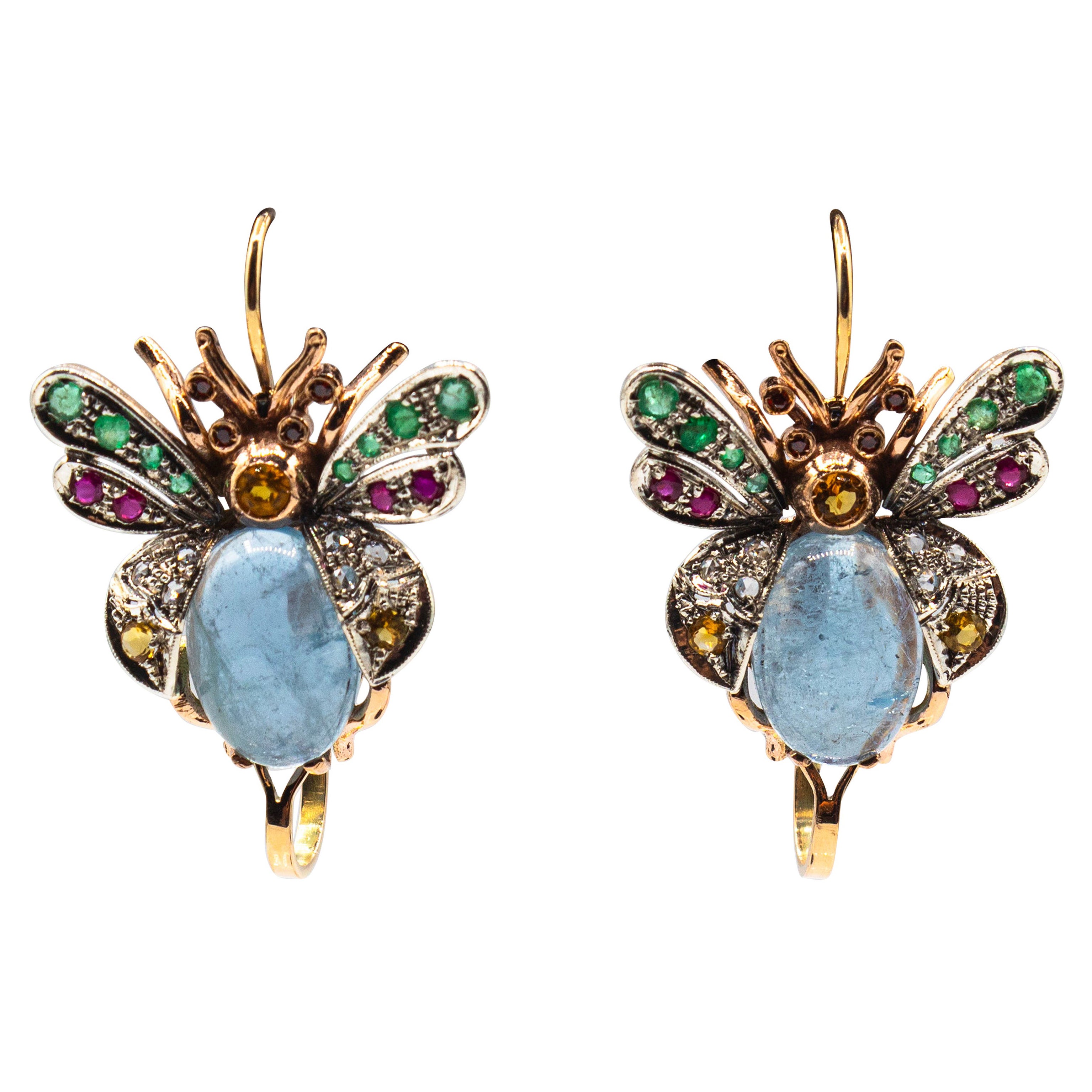 Orecchini in oro giallo in stile Art Nouveau con diamante, smeraldo, zaffiro, rubino e acquamarina in vendita